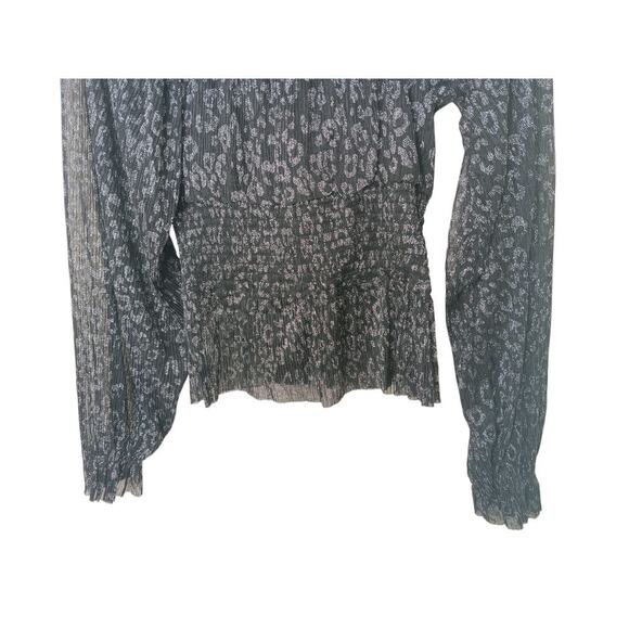 New Easel Black Metallic Animal Print Smocked Waist Blouse Sz L Long Sleeve - Picture 8 of 11